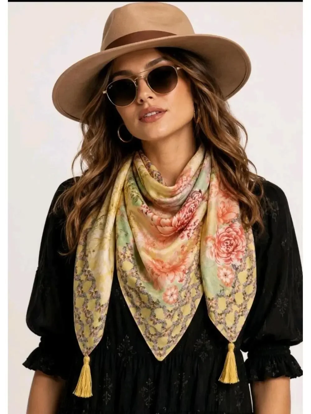 Johnny Was Charlie Print Silk Square Scarf With Tassels Silk Floral NEW #A